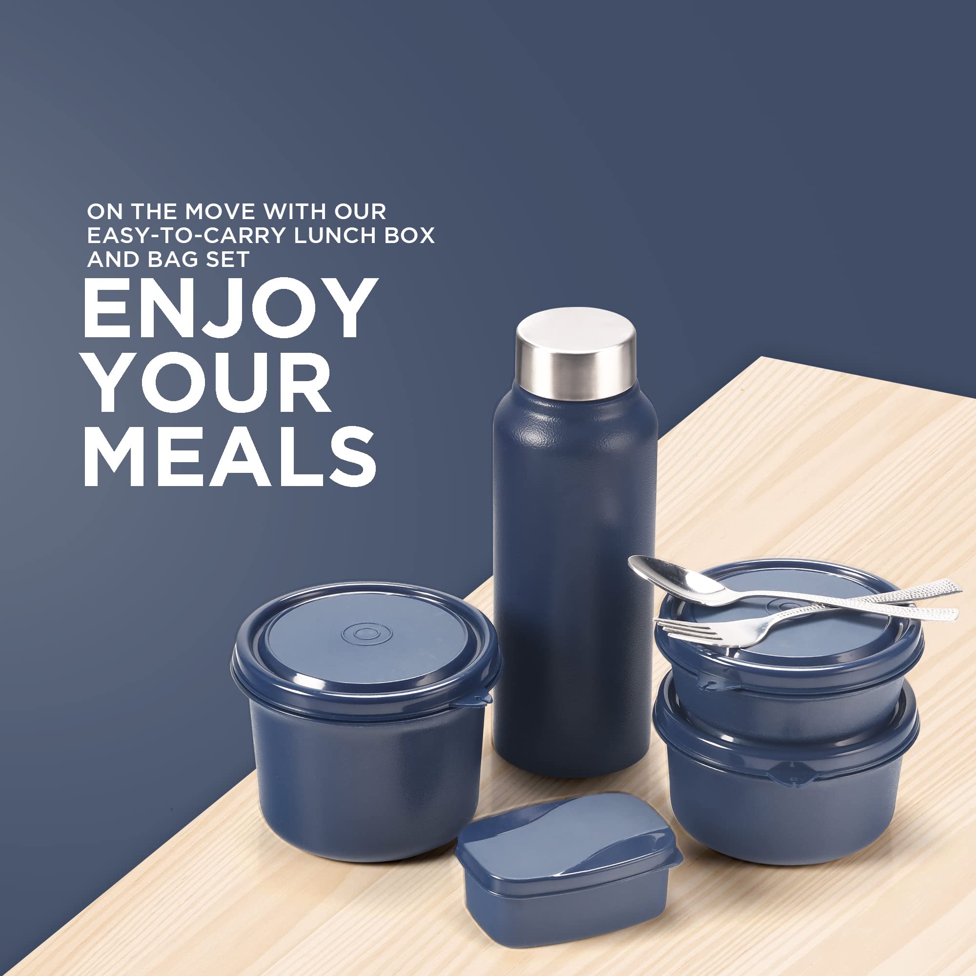 SOPL-OLIVEWARE Teso Pro Lunch Box with Steel Cutlery,3 Microwave Safe Inner Containers with Bpa Free Lids(290Ml,450Ml&600Ml) Plastic Pickle Box(130Ml) Steel Water Bottle(750Ml)-Black,600 ML