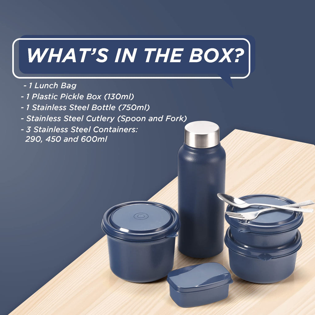 SOPL-OLIVEWARE Teso Pro Lunch Box with Steel Cutlery,3 Microwave Safe Inner Containers with Bpa Free Lids(290Ml,450Ml&600Ml) Plastic Pickle Box(130Ml) Steel Water Bottle(750Ml)-Black,600 ML