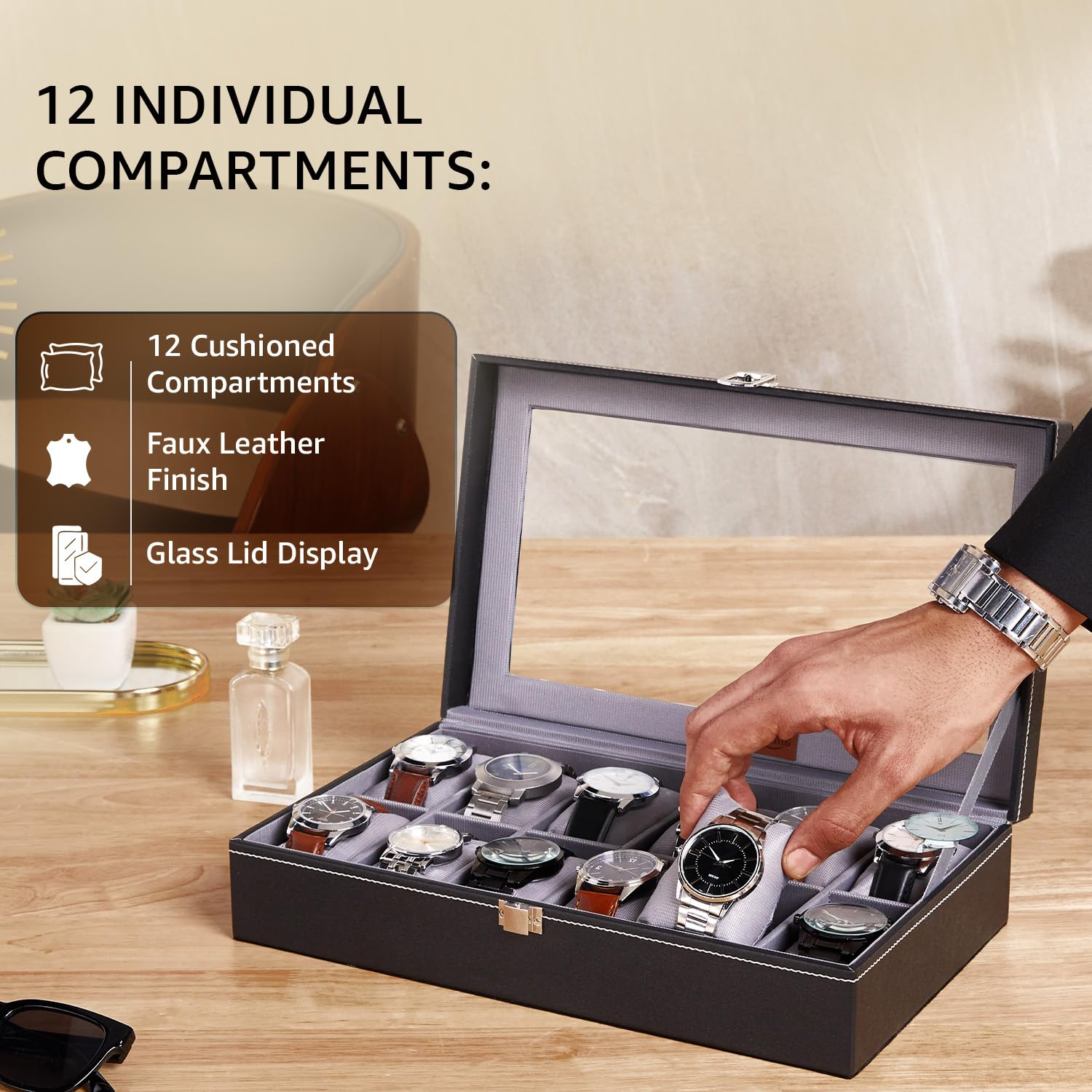 Amazon Basics Unisex Faux Leather Watch Organiser Box with 9 Slots | 6 Watch Storage Compartments | 3 Sunglasses Holder | Transparent Lid (Black)