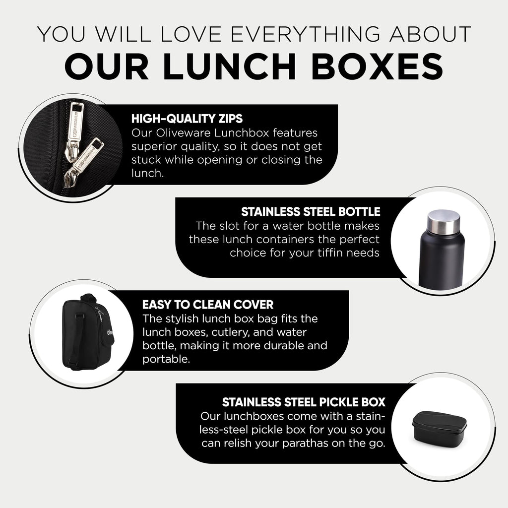 SOPL-OLIVEWARE Teso Pro Lunch Box with Steel Cutlery,3 Microwave Safe Inner Containers with Bpa Free Lids(290Ml,450Ml&600Ml) Plastic Pickle Box(130Ml) Steel Water Bottle(750Ml)-Black,600 ML