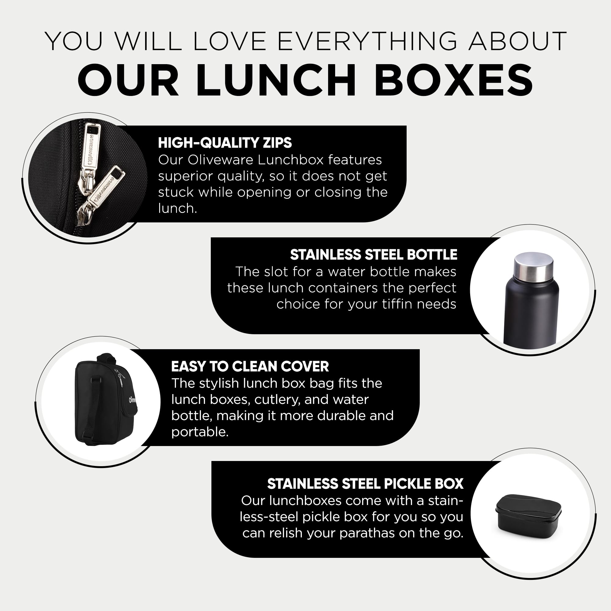 SOPL-OLIVEWARE Teso Pro Lunch Box with Steel Cutlery,3 Microwave Safe Inner Containers with Bpa Free Lids(290Ml,450Ml&600Ml) Plastic Pickle Box(130Ml) Steel Water Bottle(750Ml)-Black,600 ML
