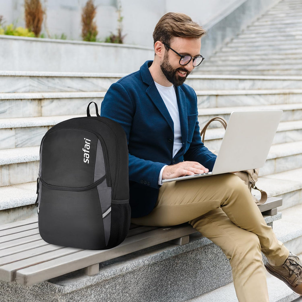 Safari Nudge Laptop Backpack for men & women, school bag for boys and girls, college bag, office bag, travel bag, 3 compartments, Bottle holder, Front pocket, Color Black