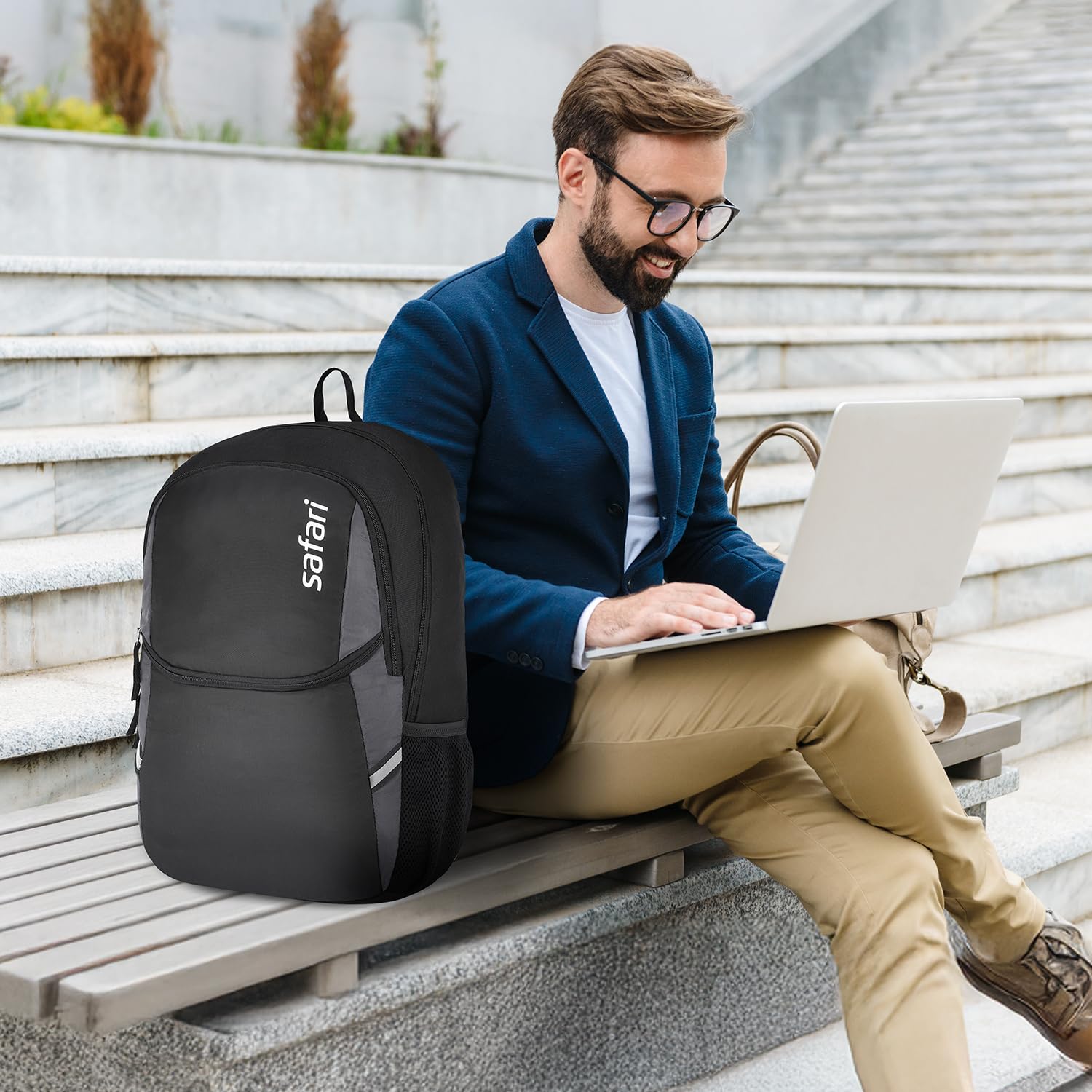 Safari Nudge Laptop Backpack for men & women, school bag for boys and girls, college bag, office bag, travel bag, 3 compartments, Bottle holder, Front pocket, Color Black
