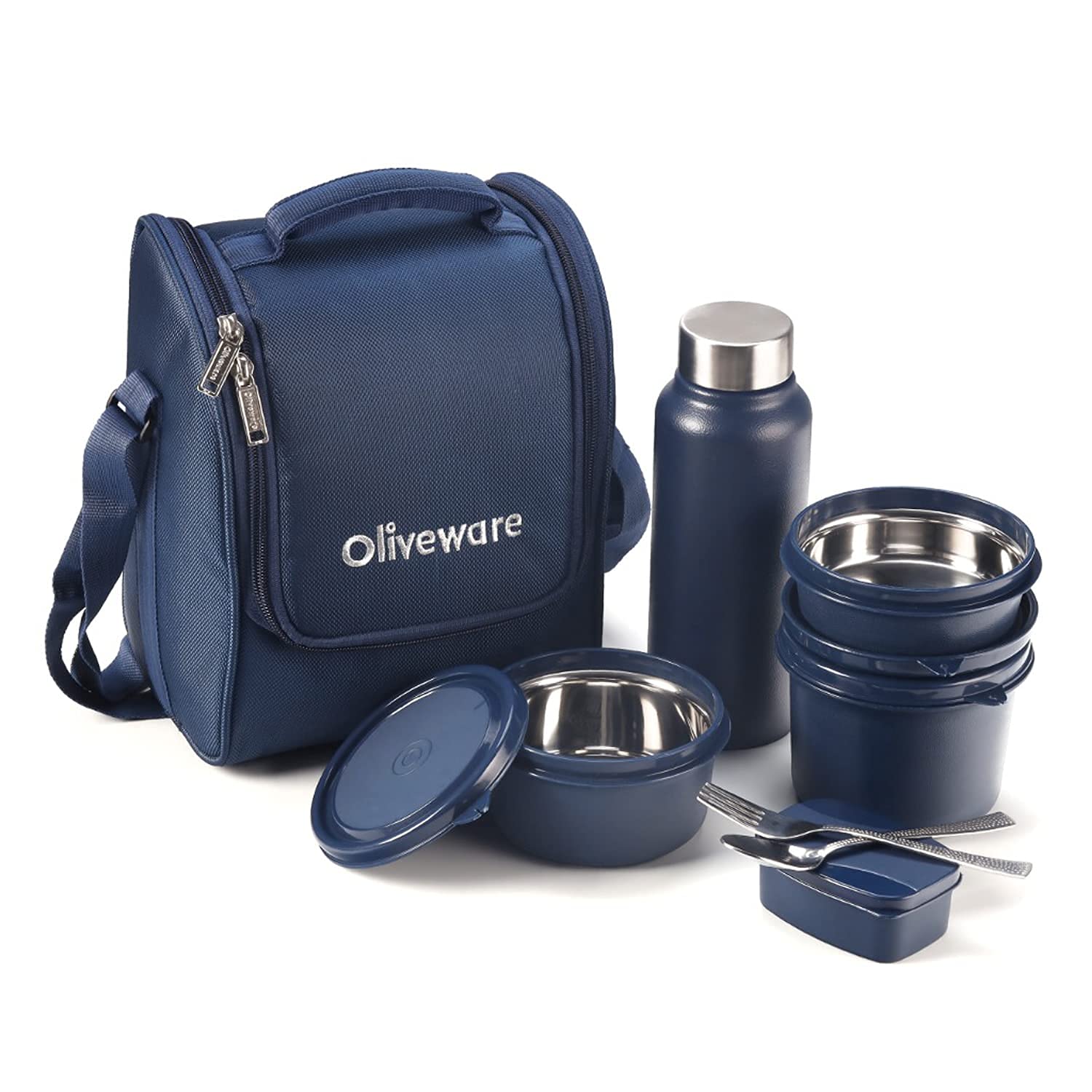 SOPL-OLIVEWARE Teso Pro Lunch Box with Steel Cutlery,3 Microwave Safe Inner Containers with Bpa Free Lids(290Ml,450Ml&600Ml) Plastic Pickle Box(130Ml) Steel Water Bottle(750Ml)-Black,600 ML