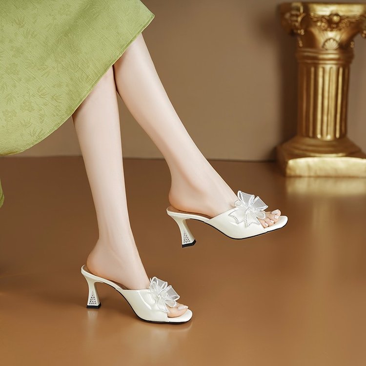 Bow, Square Headed Wine Glass, Slippers, Thin Heels, High Heels, Cool Slippers For Women