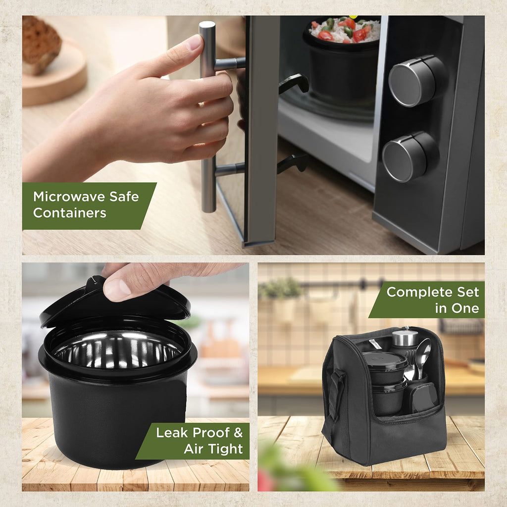 SOPL-OLIVEWARE Teso Pro Lunch Box with Steel Cutlery,3 Microwave Safe Inner Containers with Bpa Free Lids(290Ml,450Ml&600Ml) Plastic Pickle Box(130Ml) Steel Water Bottle(750Ml)-Black,600 ML