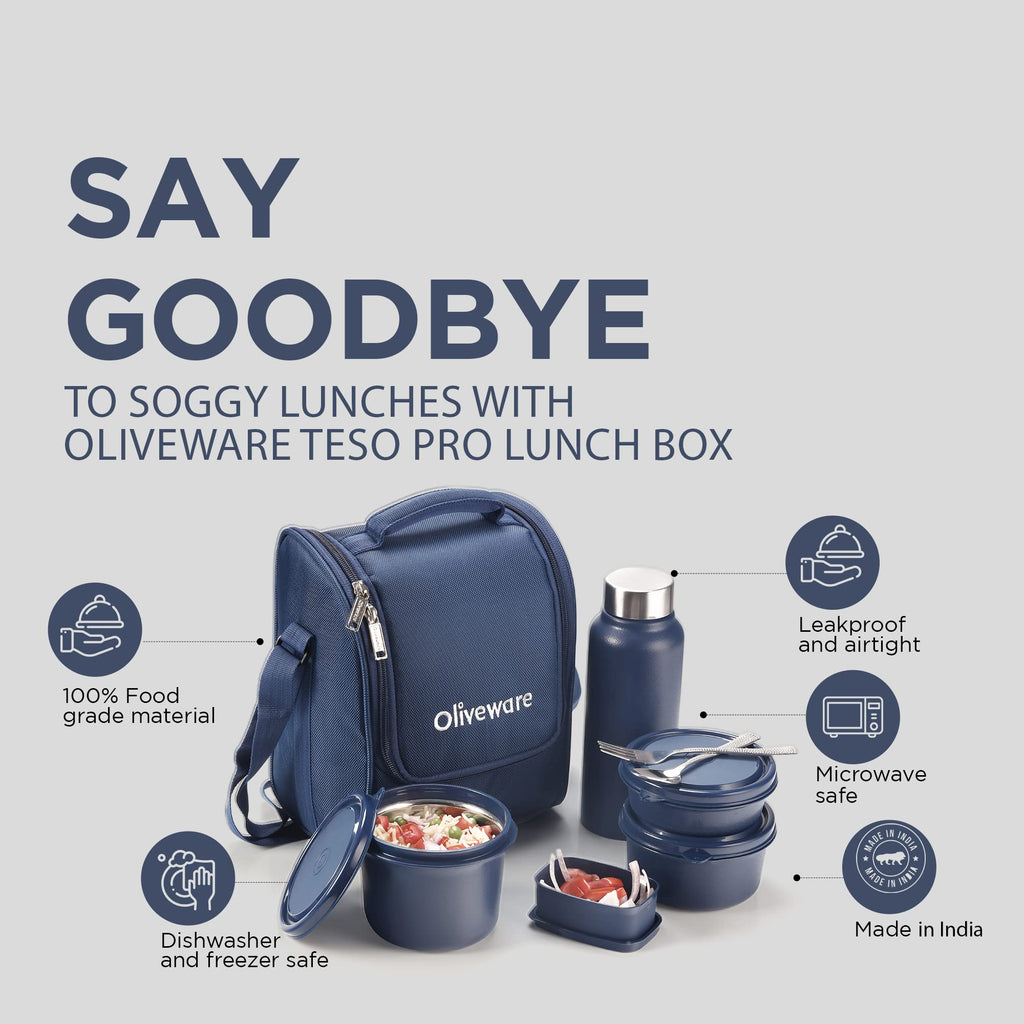SOPL-OLIVEWARE Teso Pro Lunch Box with Steel Cutlery,3 Microwave Safe Inner Containers with Bpa Free Lids(290Ml,450Ml&600Ml) Plastic Pickle Box(130Ml) Steel Water Bottle(750Ml)-Black,600 ML