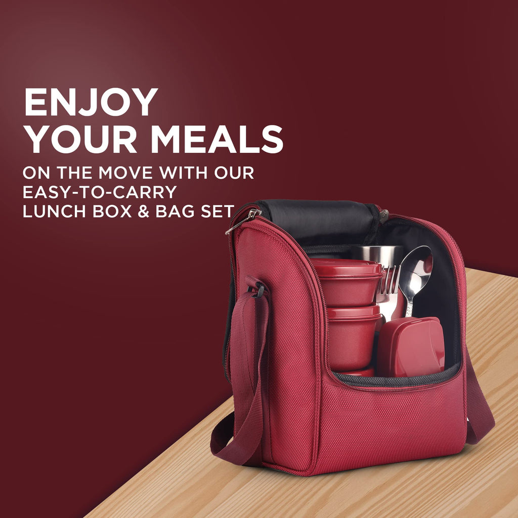 SOPL-OLIVEWARE Teso Pro Lunch Box with Steel Cutlery,3 Microwave Safe Inner Containers with Bpa Free Lids(290Ml,450Ml&600Ml) Plastic Pickle Box(130Ml) Steel Water Bottle(750Ml)-Black,600 ML