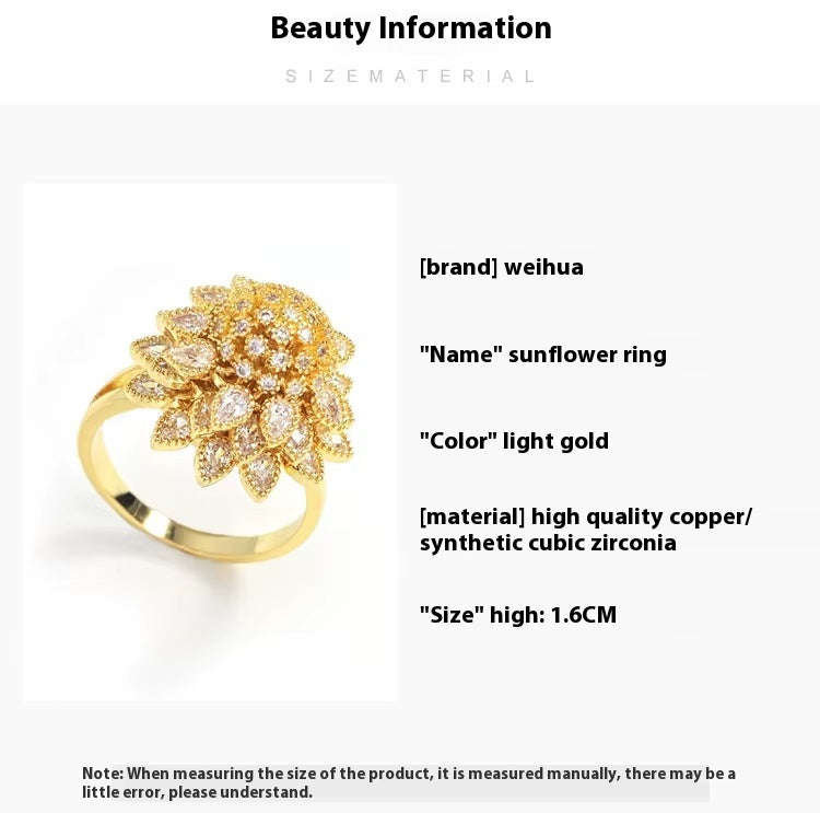 Flower Adjustable Open Gold Ring For Women, Trendy Elegant Unique Cubic Zirconia Enamel Front Open Floral Leaf Easter Jewelry Gift-flower