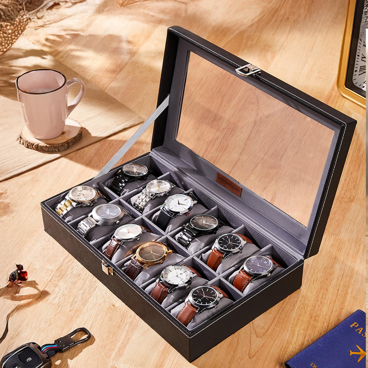 Amazon Basics Unisex Faux Leather Watch Organiser Box with 9 Slots | 6 Watch Storage Compartments | 3 Sunglasses Holder | Transparent Lid (Black)