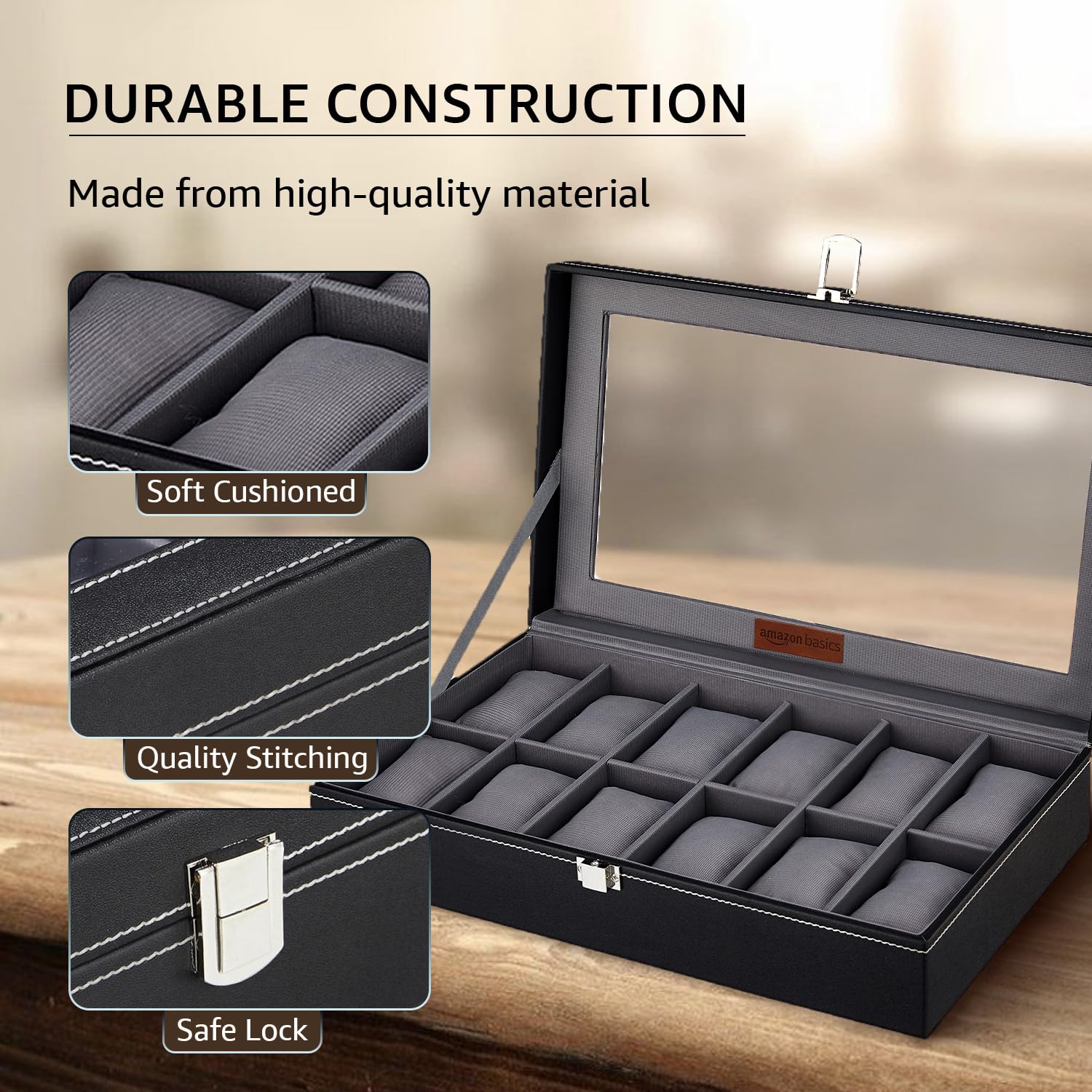 Amazon Basics Unisex Faux Leather Watch Organiser Box with 9 Slots | 6 Watch Storage Compartments | 3 Sunglasses Holder | Transparent Lid (Black)