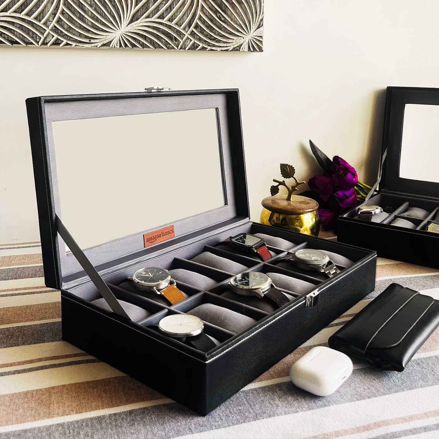 Amazon Basics Unisex Faux Leather Watch Organiser Box with 9 Slots | 6 Watch Storage Compartments | 3 Sunglasses Holder | Transparent Lid (Black)