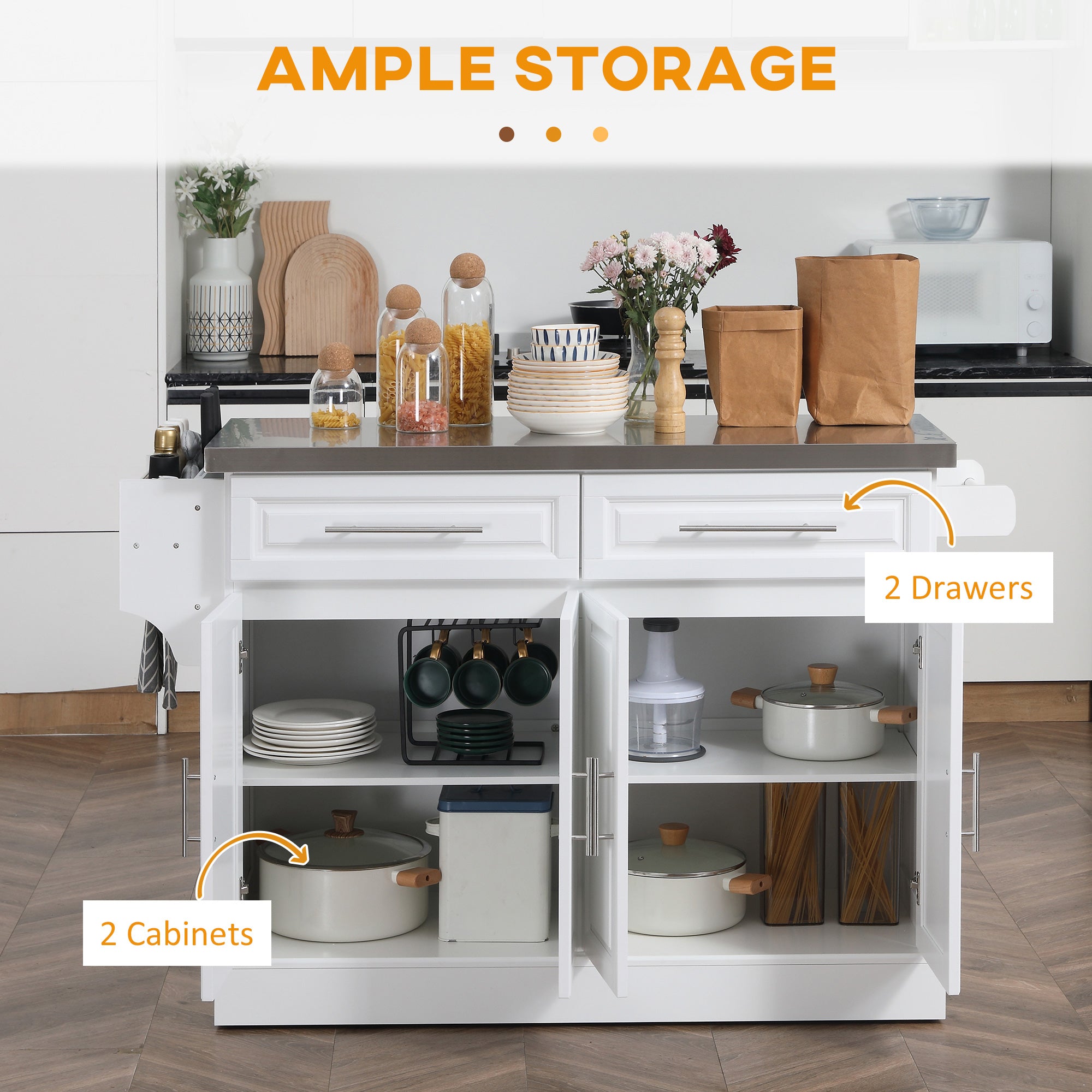 Rolling Kitchen Island Cart with Wheels, Portable Island Table for Kitchen with Stainless Steel Top, Adjustable Shelves, 2 Drawers, Spice, Knife and Towel Rack, White