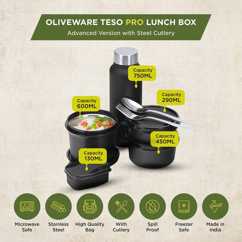 SOPL-OLIVEWARE Teso Pro Lunch Box with Steel Cutlery,3 Microwave Safe Inner Containers with Bpa Free Lids(290Ml,450Ml&600Ml) Plastic Pickle Box(130Ml) Steel Water Bottle(750Ml)-Black,600 ML