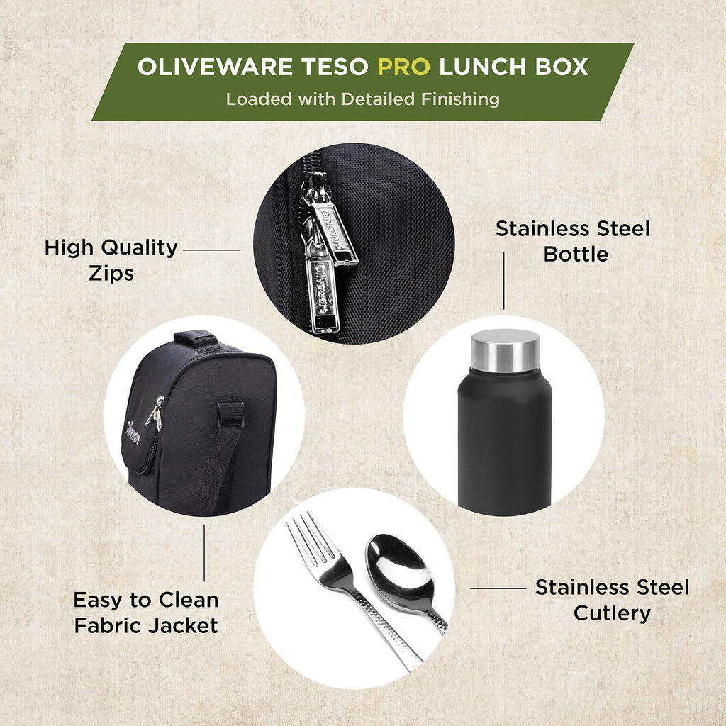 SOPL-OLIVEWARE Teso Pro Lunch Box with Steel Cutlery,3 Microwave Safe Inner Containers with Bpa Free Lids(290Ml,450Ml&600Ml) Plastic Pickle Box(130Ml) Steel Water Bottle(750Ml)-Black,600 ML