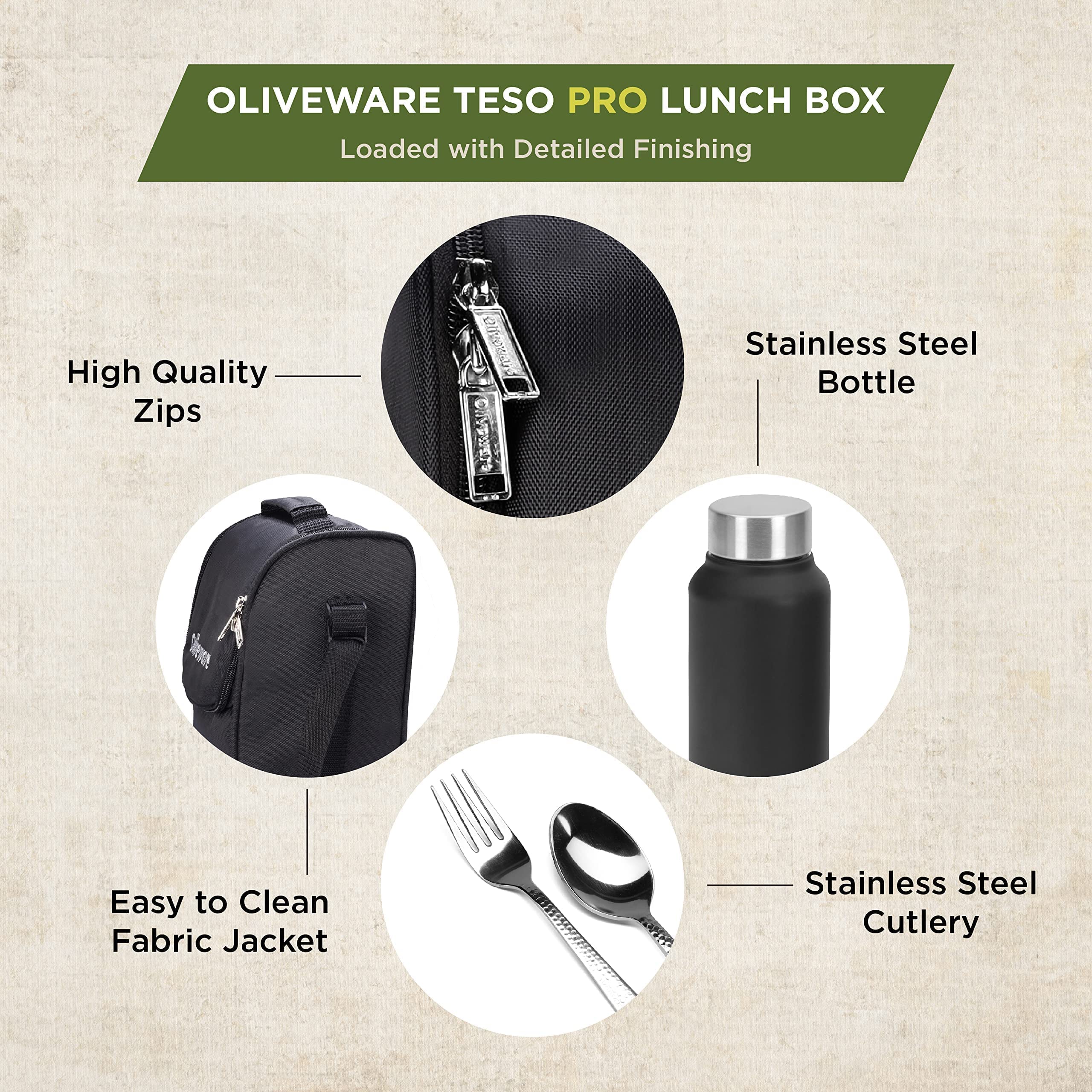 SOPL-OLIVEWARE Teso Pro Lunch Box with Steel Cutlery,3 Microwave Safe Inner Containers with Bpa Free Lids(290Ml,450Ml&600Ml) Plastic Pickle Box(130Ml) Steel Water Bottle(750Ml)-Black,600 ML