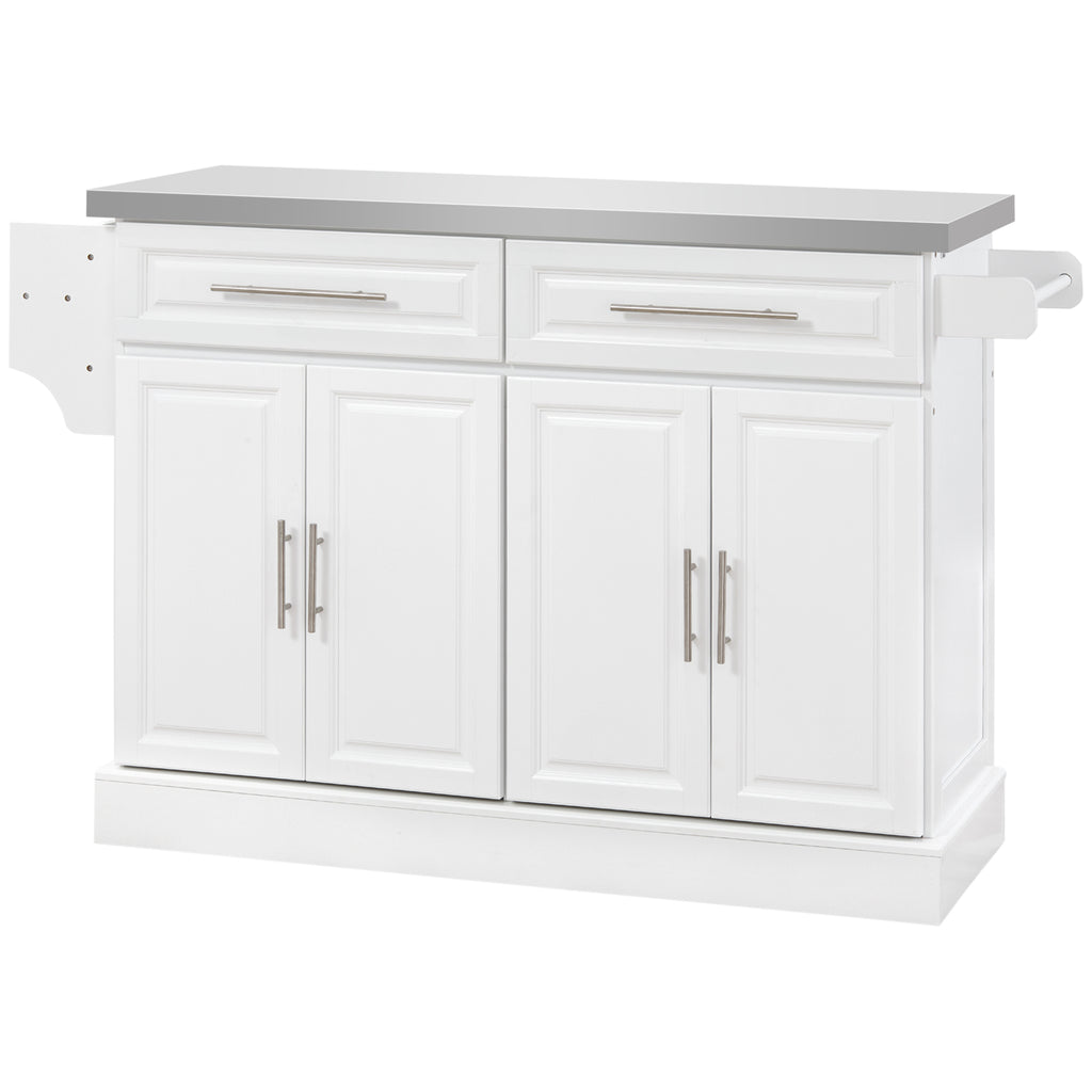 Rolling Kitchen Island Cart with Wheels, Portable Island Table for Kitchen with Stainless Steel Top, Adjustable Shelves, 2 Drawers, Spice, Knife and Towel Rack, White