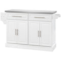 Rolling Kitchen Island Cart with Wheels, Portable Island Table for Kitchen with Stainless Steel Top, Adjustable Shelves, 2 Drawers, Spice, Knife and Towel Rack, White