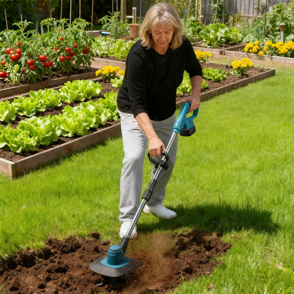 800W 21V Cordless Tiller Cultivator 3.0Ah Battery Powered Tiller Manganese Steel Tines For Soil Cultivation Weeding Gardening