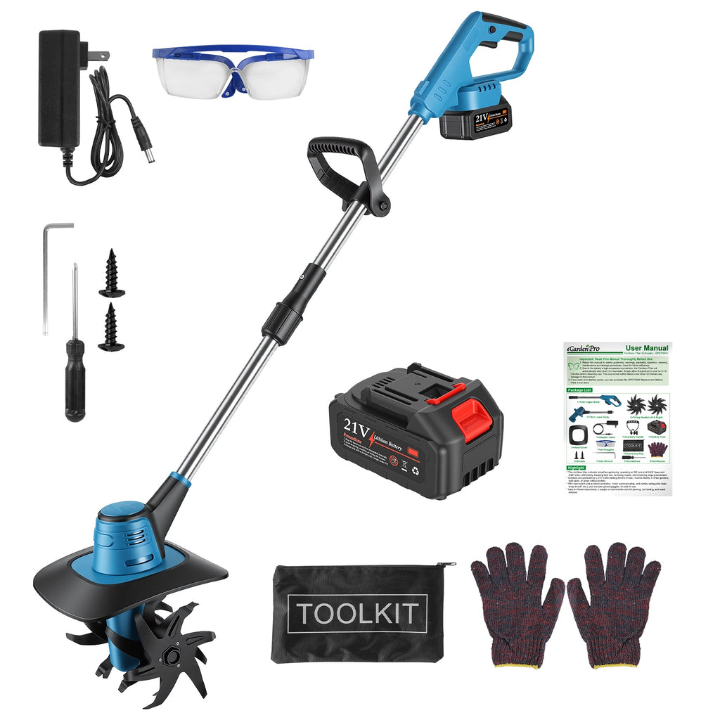 800W 21V Cordless Tiller Cultivator 3.0Ah Battery Powered Tiller Manganese Steel Tines For Soil Cultivation Weeding Gardening