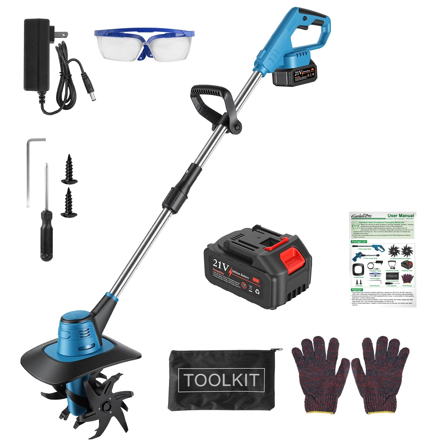 800W 21V Cordless Tiller Cultivator 3.0Ah Battery Powered Tiller Manganese Steel Tines For Soil Cultivation Weeding Gardening