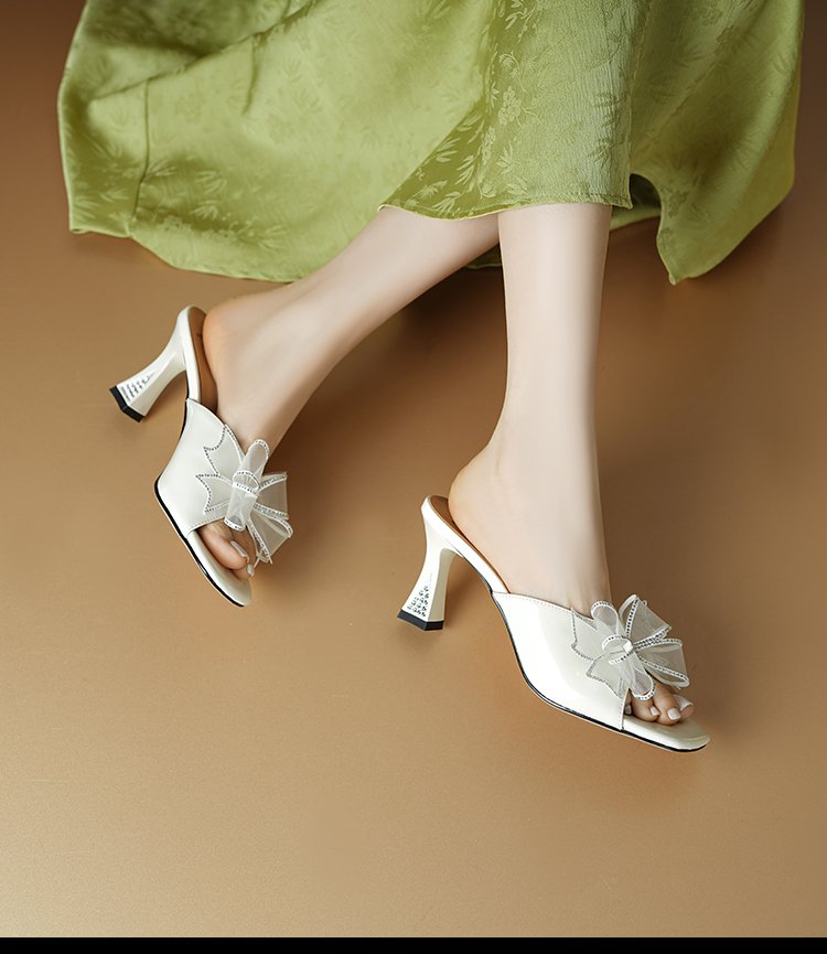 Bow, Square Headed Wine Glass, Slippers, Thin Heels, High Heels, Cool Slippers For Women