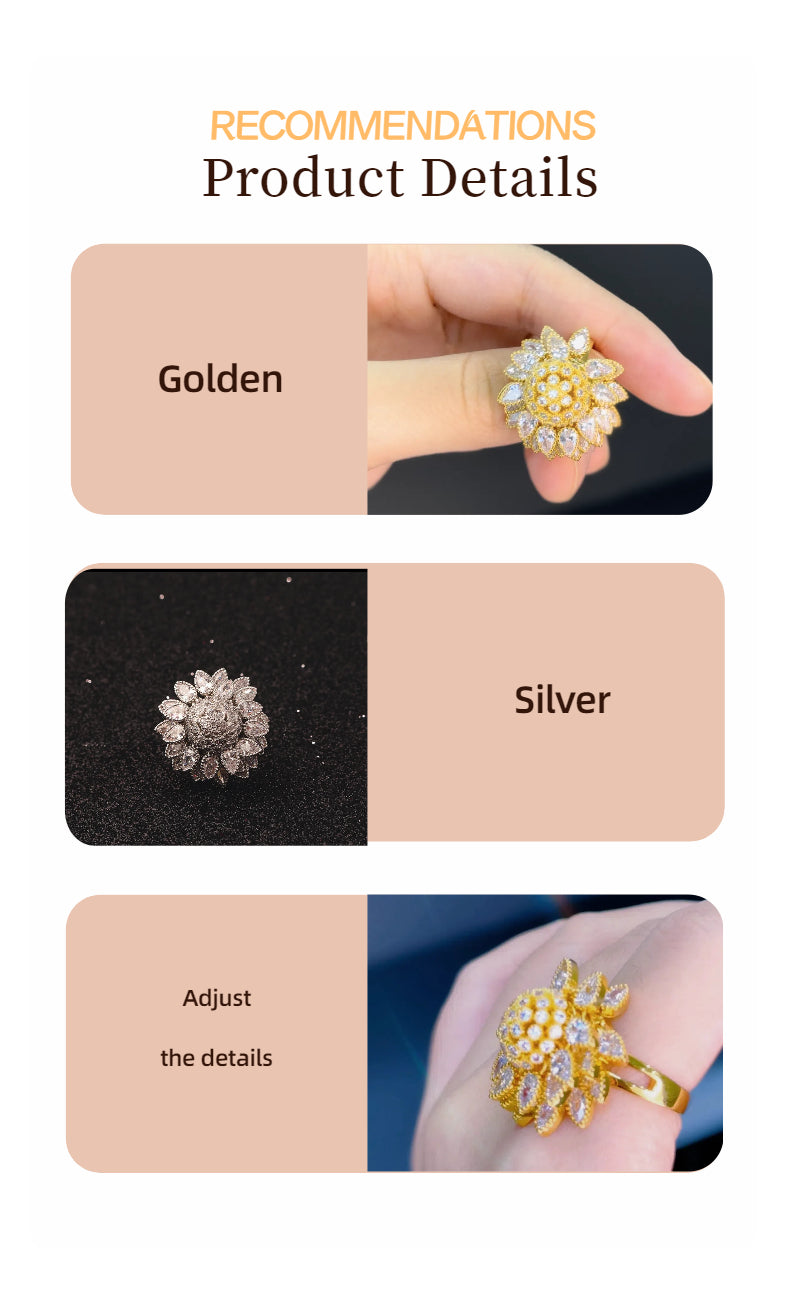 Flower Adjustable Open Gold Ring For Women, Trendy Elegant Unique Cubic Zirconia Enamel Front Open Floral Leaf Easter Jewelry Gift-flower