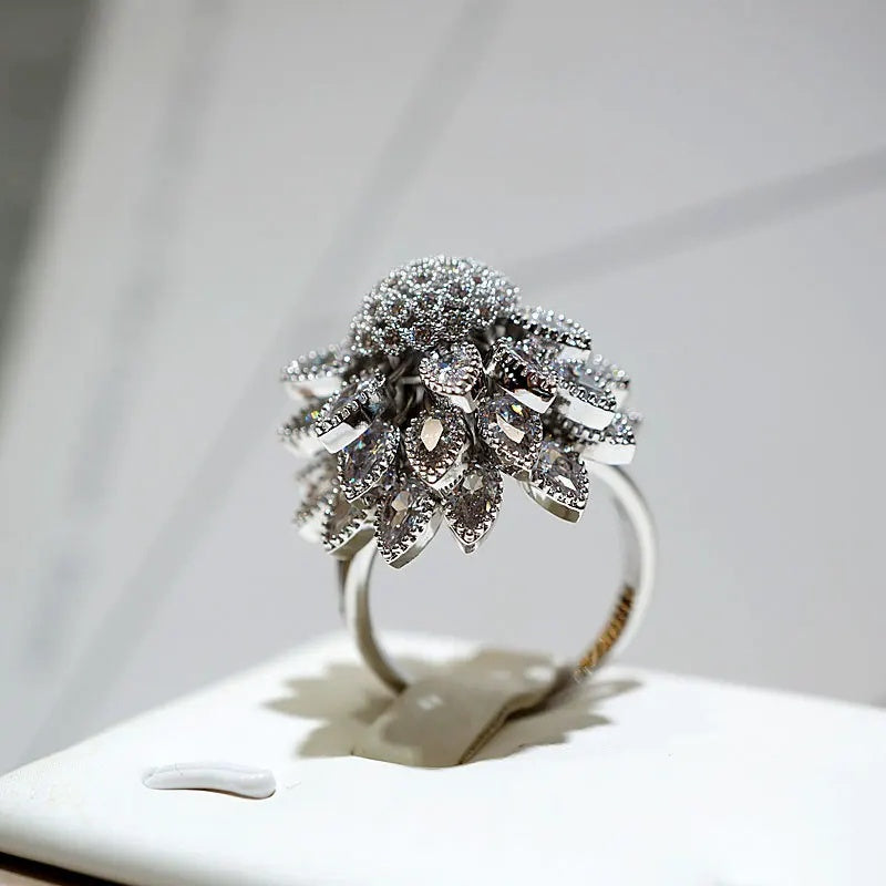 Flower Adjustable Open Silvery Ring For Women, Trendy Elegant Unique Cubic Zirconia Enamel Front Open Floral Leaf Easter Jewelry Gift-flower