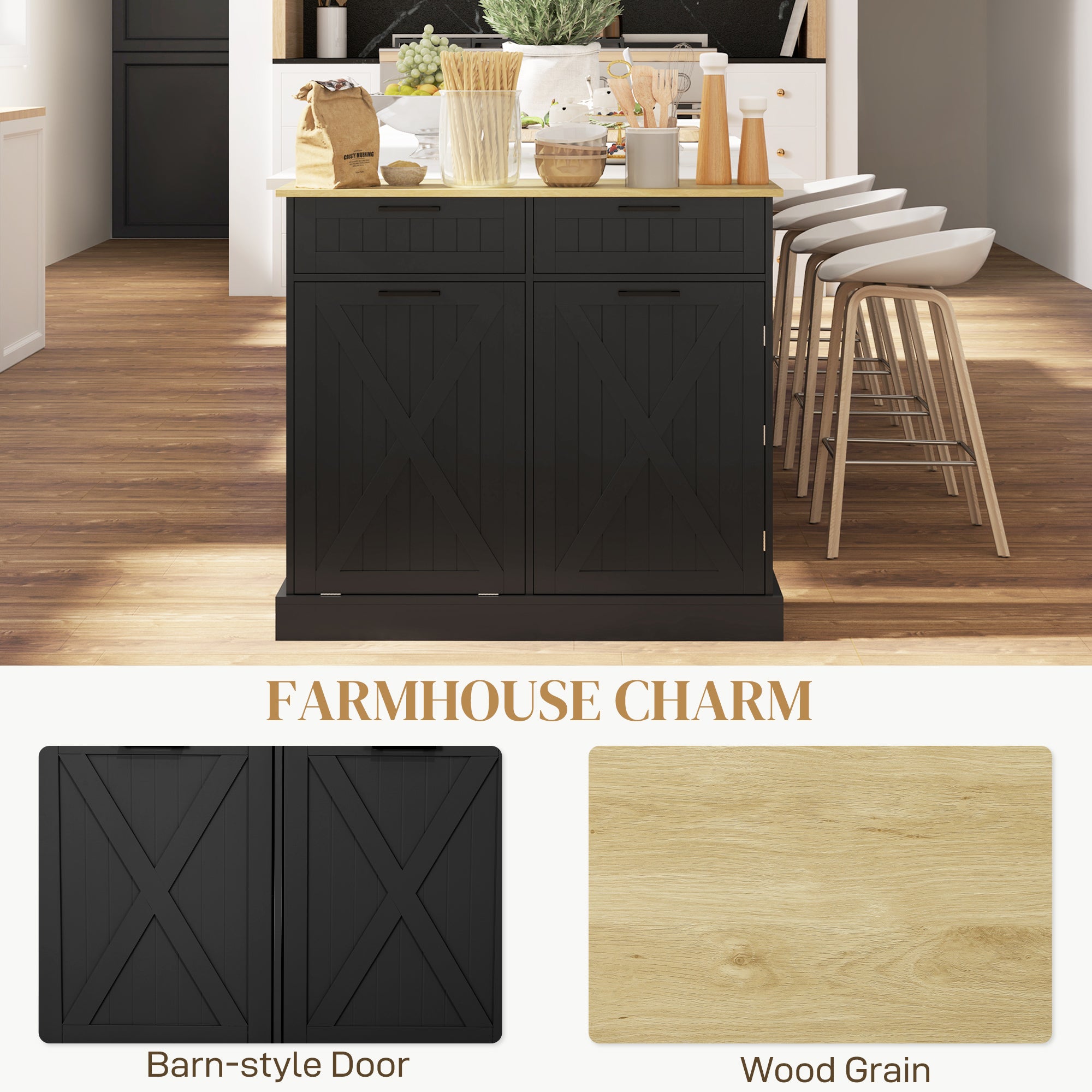 10 Gallon Farmhouse Kitchen Cabinet with Hidden Trash Can and 2 Drawers, Tilt Out Trash Can Cabinet for Kitchen, Black