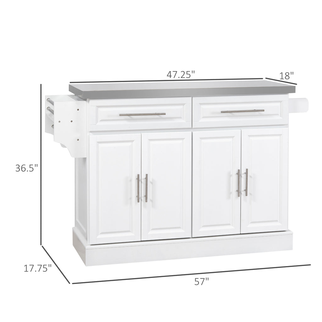 Rolling Kitchen Island Cart with Wheels, Portable Island Table for Kitchen with Stainless Steel Top, Adjustable Shelves, 2 Drawers, Spice, Knife and Towel Rack, White
