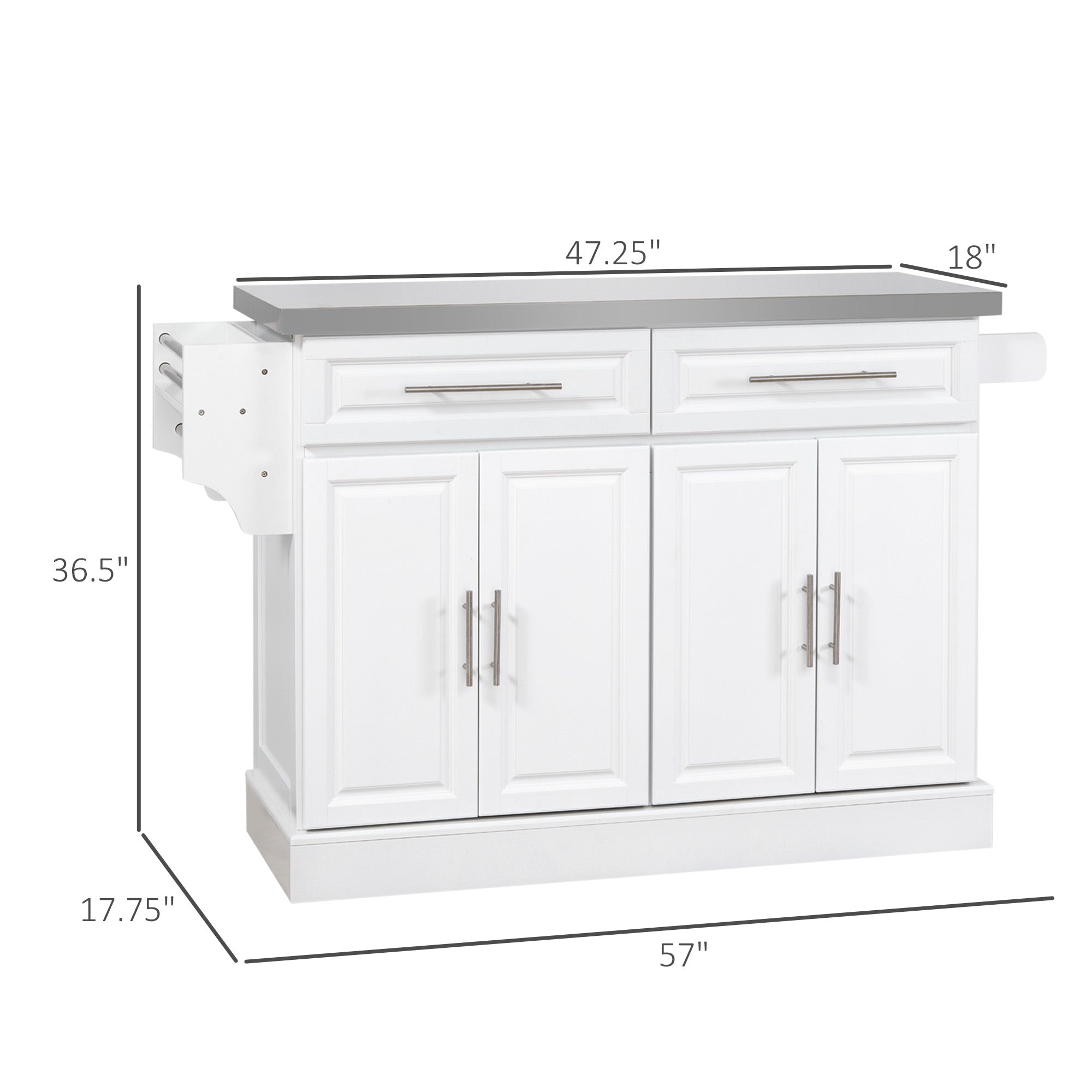 Rolling Kitchen Island Cart with Wheels, Portable Island Table for Kitchen with Stainless Steel Top, Adjustable Shelves, 2 Drawers, Spice, Knife and Towel Rack, White