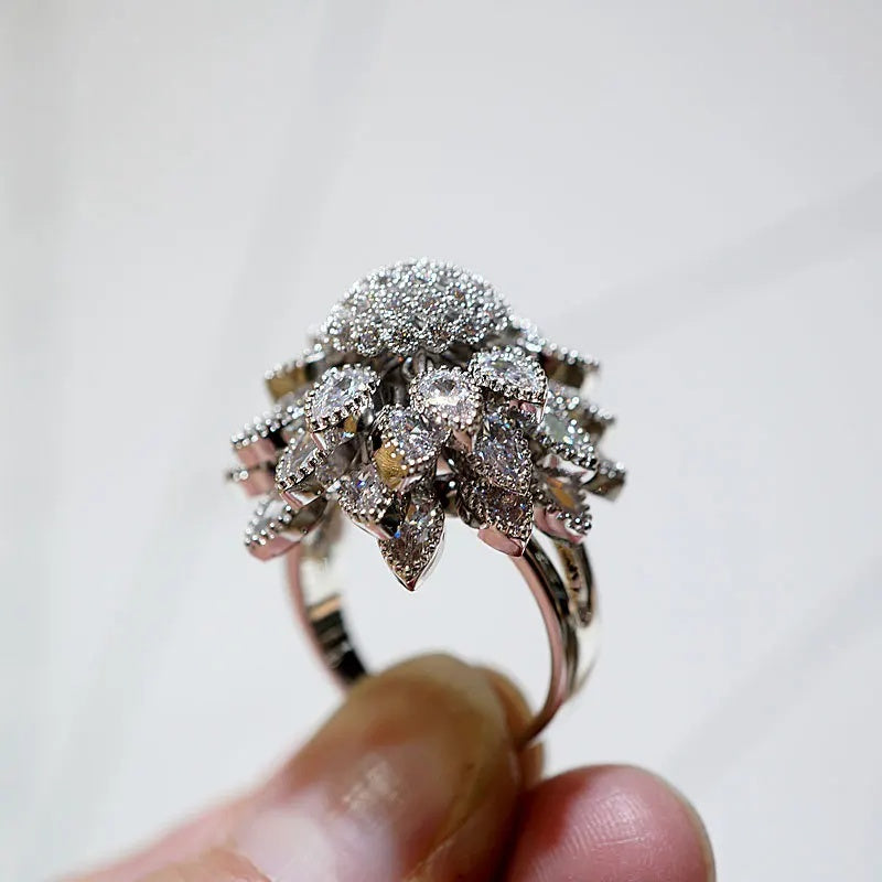 Flower Adjustable Open Silvery Ring For Women, Trendy Elegant Unique Cubic Zirconia Enamel Front Open Floral Leaf Easter Jewelry Gift-flower