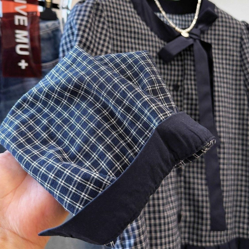 Loose Slimming Plaid Bow-Tied Ruffle-Trimmed Shirt