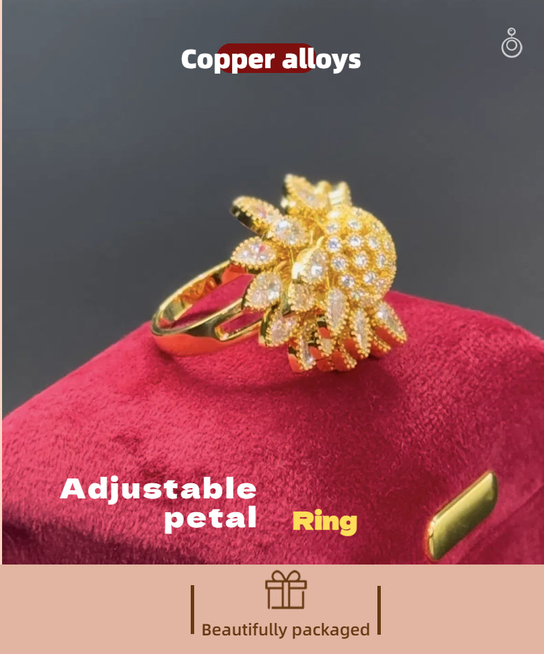 Flower Adjustable Open Gold Ring For Women, Trendy Elegant Unique Cubic Zirconia Enamel Front Open Floral Leaf Easter Jewelry Gift-flower